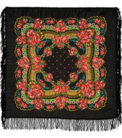 Châle Russe en laine, frange en laine 89x89 "Les fleurs du coquelicot"